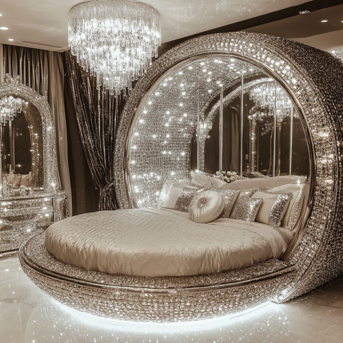 Lit de chambre moderne avec miroir de taille Queen, meubles de chambre à coucher modernes avec miroir et design miroir dernier cri 4