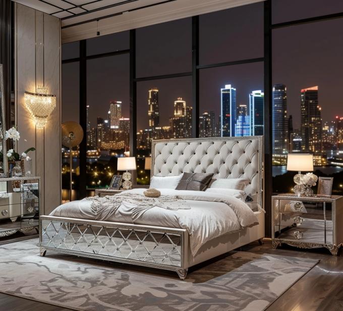 Ensemble de chambre à coucher spécifique avec miroir, style moderne, lit queen-size, meubles au design contemporain 2
