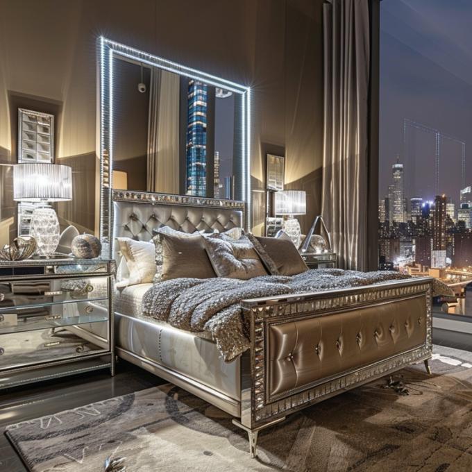 Ensemble de chambre à coucher spécifique avec miroir, style moderne, lit queen-size, meubles au design contemporain 3