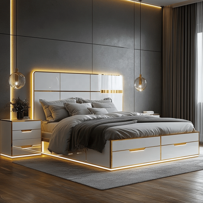 Lit en bois réglable de design moderne de taille reine pour le lit de luxe italien Royal Mirrored King 1