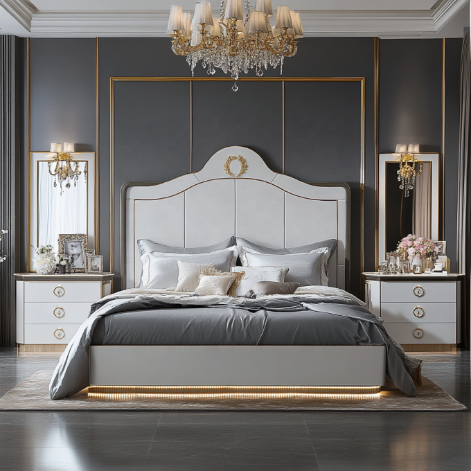 Lit en bois réglable de design moderne de taille reine pour le lit de luxe italien Royal Mirrored King 2