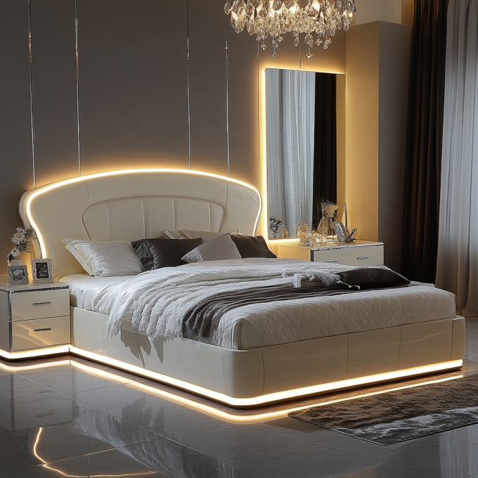 Lit en bois réglable de design moderne de taille reine pour le lit de luxe italien Royal Mirrored King 3