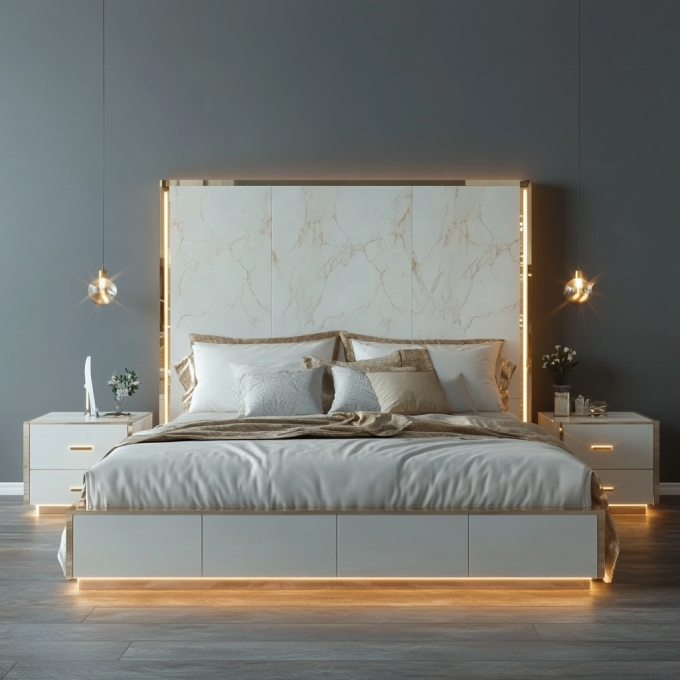 Lit en bois réglable de design moderne de taille reine pour le lit de luxe italien Royal Mirrored King 5