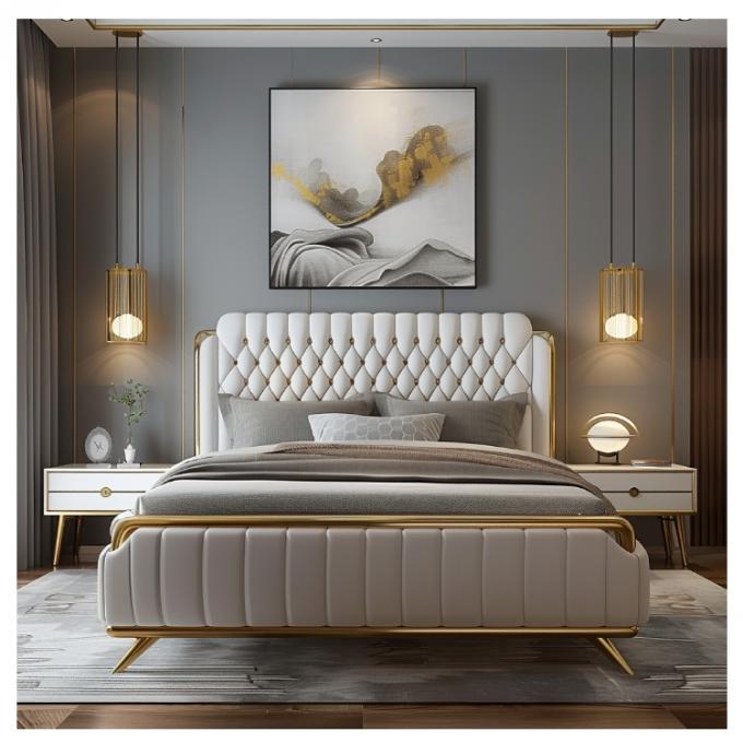 Lit principal moderne en cuir Hall, lit double, bois massif, rangement, cadre de lit en cuir italien pour la maison, l'hôtel, l'appartement, meubles 4