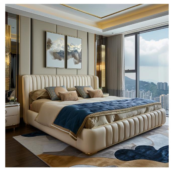 Lit principal moderne en cuir Hall, lit double, bois massif, rangement, cadre de lit en cuir italien pour la maison, l'hôtel, l'appartement, meubles 5