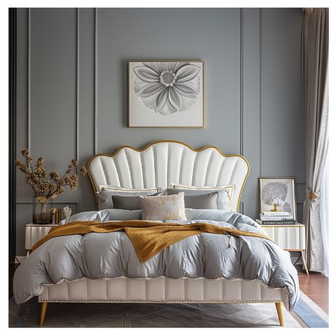Lit principal moderne en cuir Hall, lit double, bois massif, rangement, cadre de lit en cuir italien pour la maison, l'hôtel, l'appartement, meubles 6