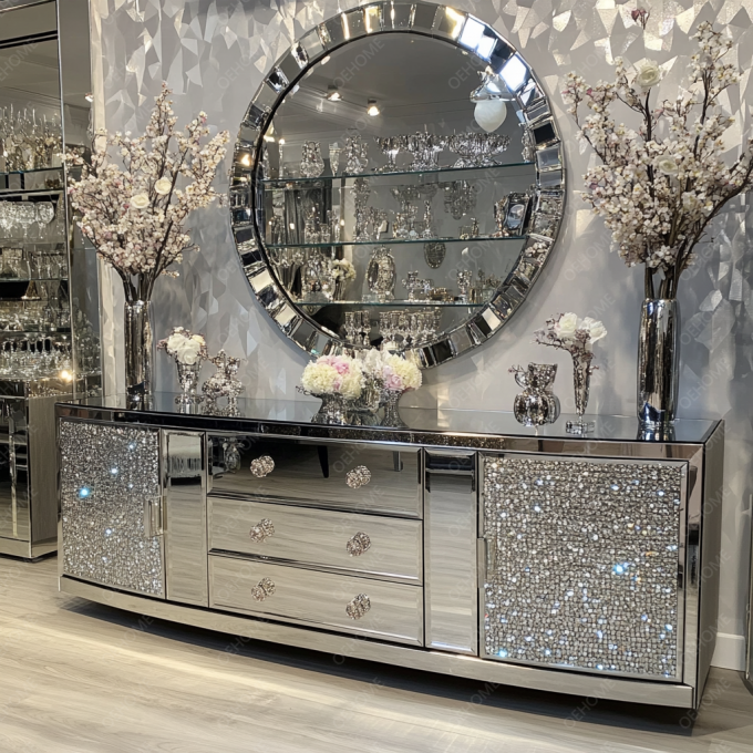 Fonction de support de télévision et de stockage dans le panneau en bois pour les meubles en argent miroir de cristal moderne dans le salon chambre à coucher 3