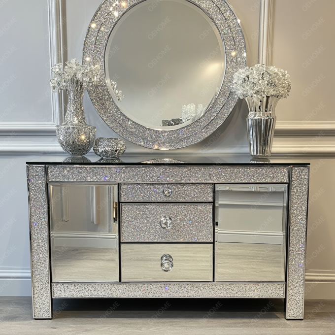 Fonction de support de télévision et de stockage dans le panneau en bois pour les meubles en argent miroir de cristal moderne dans le salon chambre à coucher 6