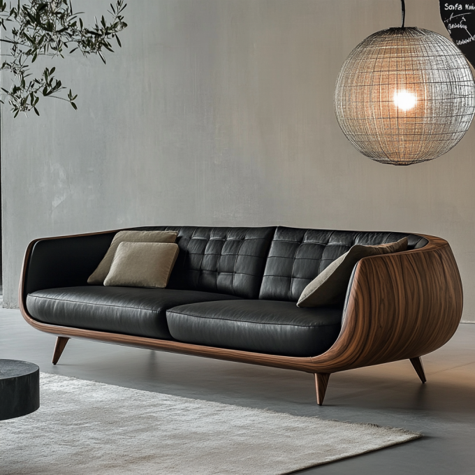 Canapé d'angle en bois élégant, bout de canapé italien, design moderne, salon, villa, ensemble avec cuir véritable de luxe et meubles 1
