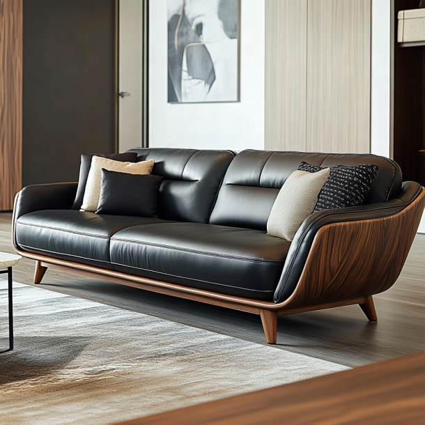 Canapé d'angle en bois élégant, bout de canapé italien, design moderne, salon, villa, ensemble avec cuir véritable de luxe et meubles 2