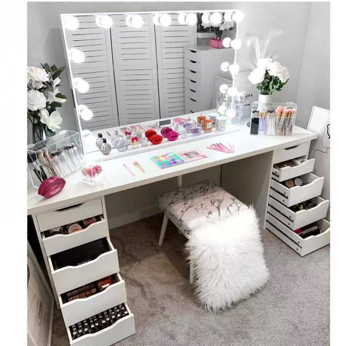 Table de Maquillage Moderne en Chêne avec Miroir Lumineux, Coiffeuse et Rangement 11