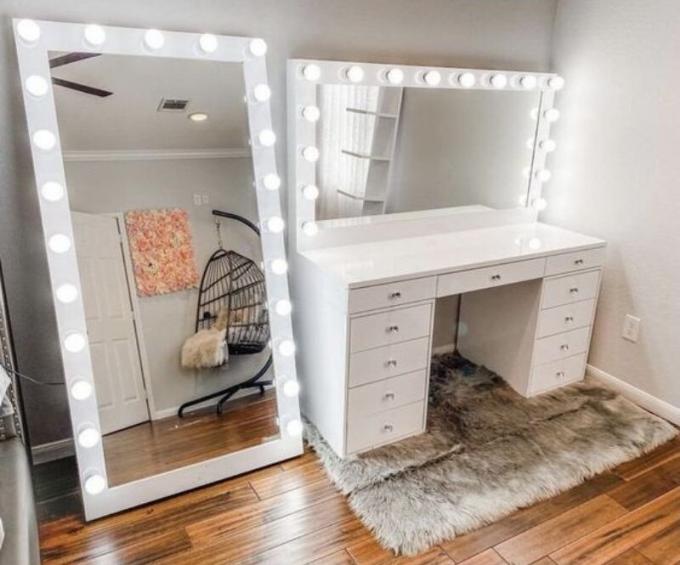 Table de Maquillage Moderne en Chêne avec Miroir Lumineux, Coiffeuse et Rangement 17