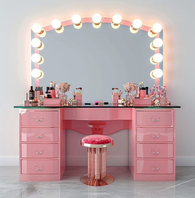 Coiffeuse de chambre avec miroir éclairé par LED, table de maquillage avec tiroirs et étagères de rangement, réglable en rose 12