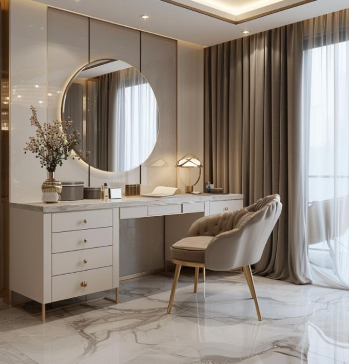 Meubles de chambre moderne de luxe Chambre de couchage fonctionnelle avec plaqué en or et marbre 6