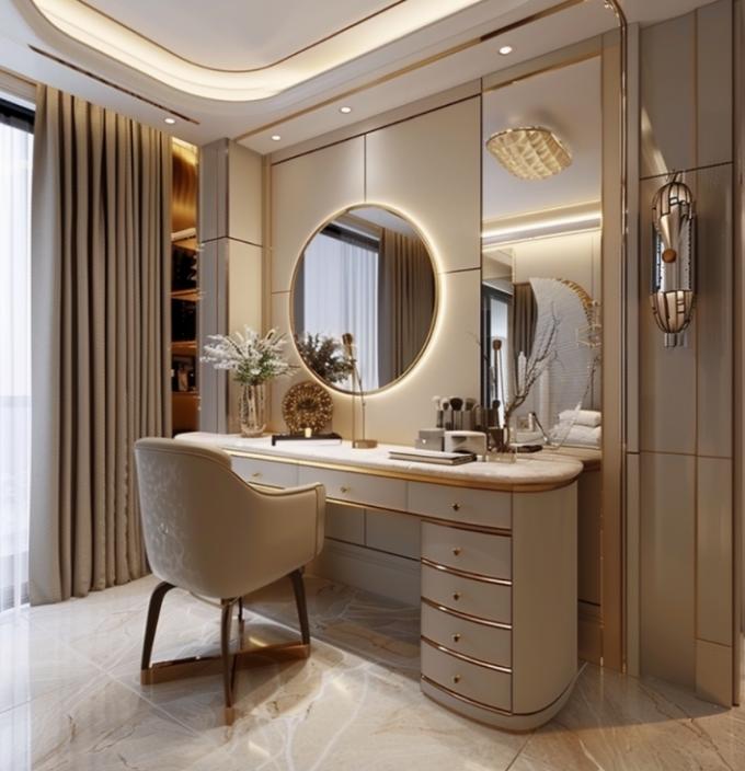 Coiffeuse multifonctionnelle moderne nordique en bois pour femmes dans la chambre à coucher avec miroir de maquillage à lumière LED et rangement 1