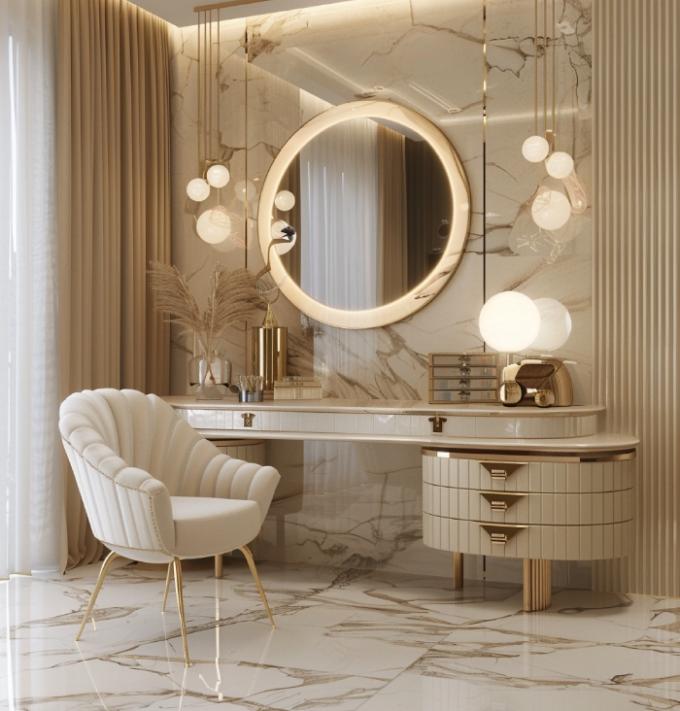 Coiffeuse multifonctionnelle moderne nordique en bois pour femmes dans la chambre à coucher avec miroir de maquillage à lumière LED et rangement 3