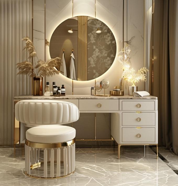 Coiffeuse multifonctionnelle moderne nordique en bois pour femmes dans la chambre à coucher avec miroir de maquillage à lumière LED et rangement 2