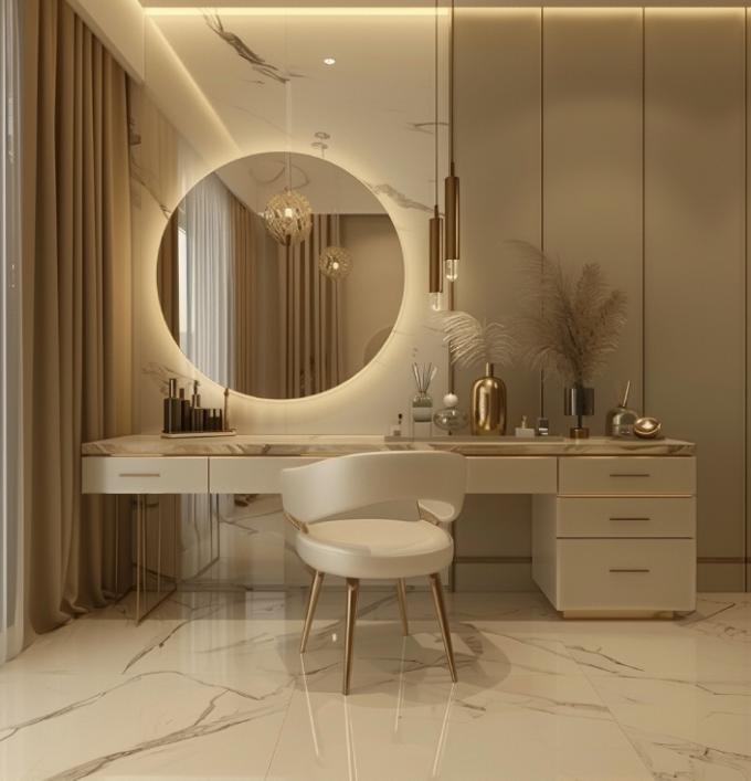 Coiffeuse multifonctionnelle moderne nordique en bois pour femmes dans la chambre à coucher avec miroir de maquillage à lumière LED et rangement 4