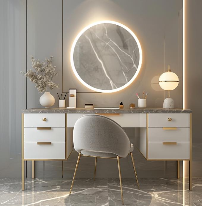 Coiffeuse multifonctionnelle moderne nordique en bois pour femmes dans la chambre à coucher avec miroir de maquillage à lumière LED et rangement 5