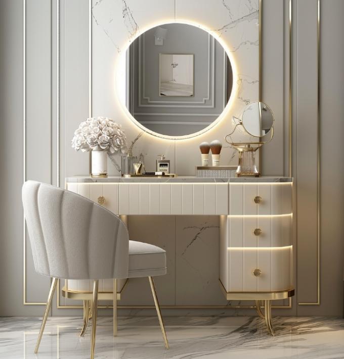 Coiffeuse multifonctionnelle moderne nordique en bois pour femmes dans la chambre à coucher avec miroir de maquillage à lumière LED et rangement 6