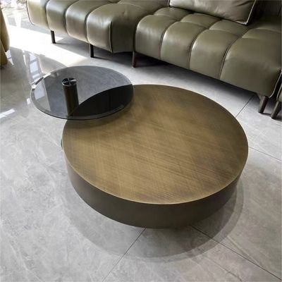 Table à café ronde métallique en verre trempé forme de tambour contemporain