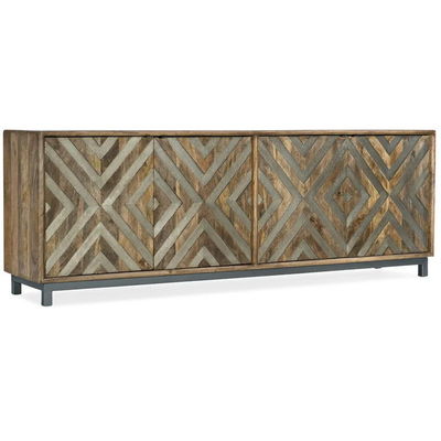 Console multimédia sur plateau de cuisine en bois sur mesure avec portes vitrées