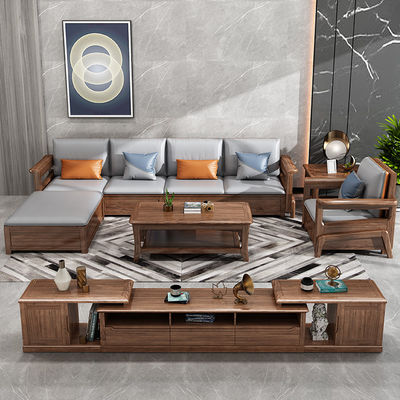 Canapé en bois massif de teck 7 places ensemble salon modulaire avec tapisseries en cuir