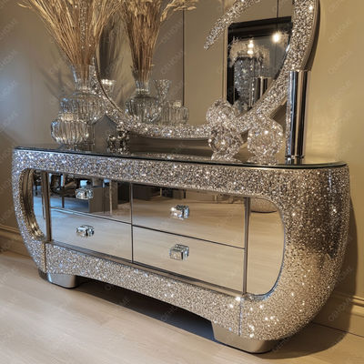 Fonction de support de télévision et de stockage dans le panneau en bois pour les meubles en argent miroir de cristal moderne dans le salon chambre à coucher