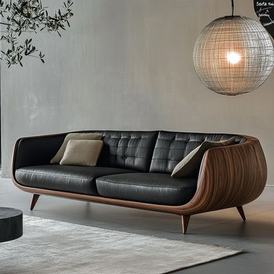 Canapé d'angle en bois élégant, bout de canapé italien, design moderne, salon, villa, ensemble avec cuir véritable de luxe et meubles