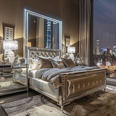 Ensemble de chambre à coucher spécifique avec miroir, style moderne, lit queen-size, meubles au design contemporain