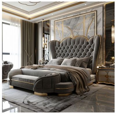 Lit principal moderne en cuir Hall, lit double, bois massif, rangement, cadre de lit en cuir italien pour la maison, l'hôtel, l'appartement, meubles