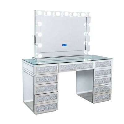Table de Maquillage Moderne en Chêne avec Miroir Lumineux, Coiffeuse et Rangement