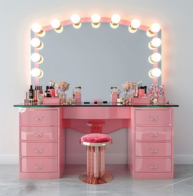 Coiffeuse de chambre avec miroir éclairé par LED, table de maquillage avec tiroirs et étagères de rangement, réglable en rose