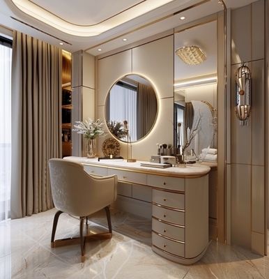 Coiffeuse multifonctionnelle moderne nordique en bois pour femmes dans la chambre à coucher avec miroir de maquillage à lumière LED et rangement